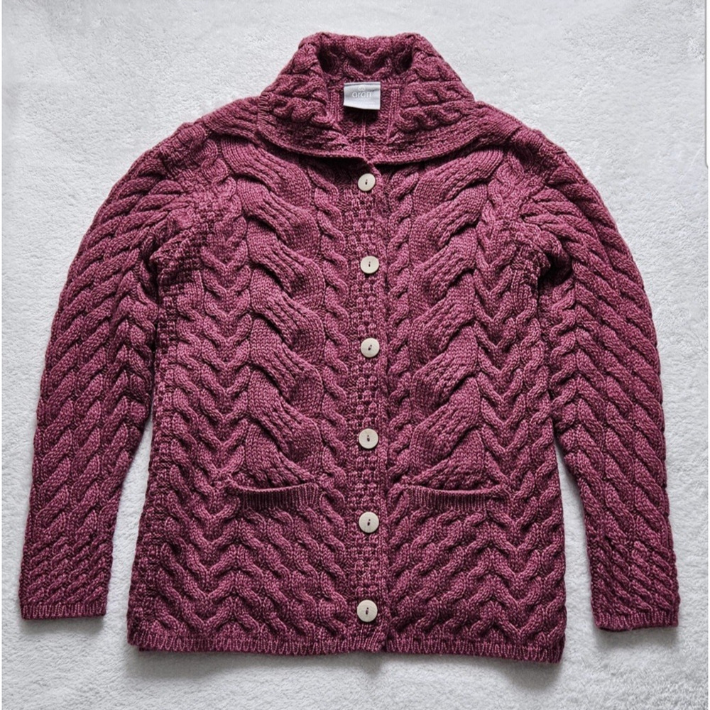ARAN Woolen Mills IRELAND soft chunky merino-wool knit pocket sweater cardigan L - Picture 12 of 14